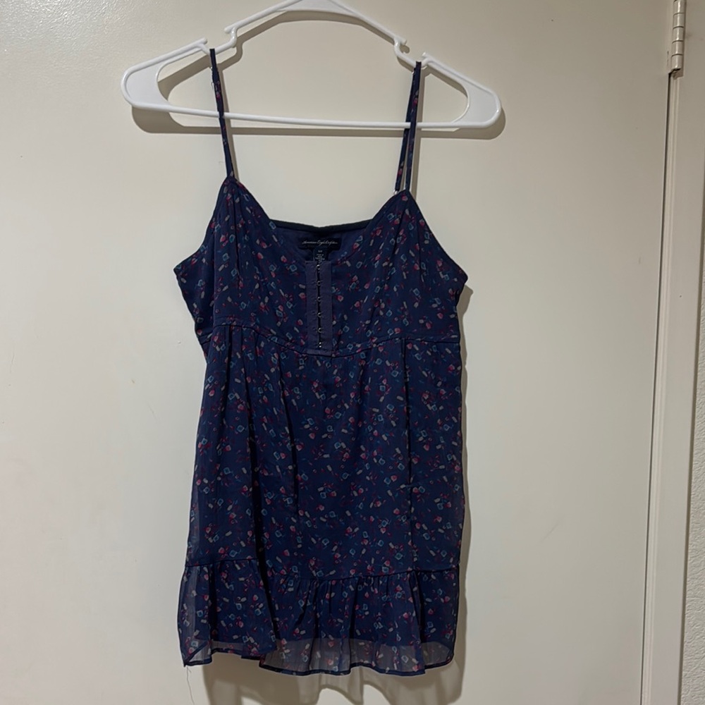 American Eagle Outfitters Floral Navy Blue Spaghetti Strap Baby doll Y2K top